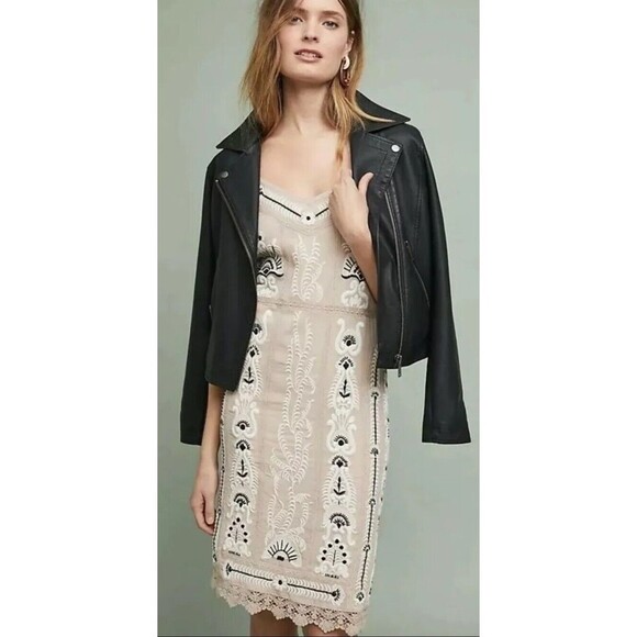 NEW Maeve Anthropologie Embroidered Slip Dress Womens Size S Tan Black NWT $178